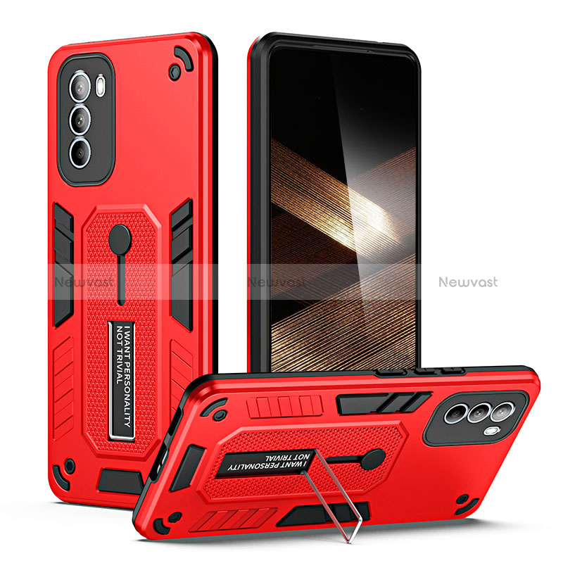 Silicone Matte Finish and Plastic Back Cover Case with Stand H01P for Motorola Moto G31 Red