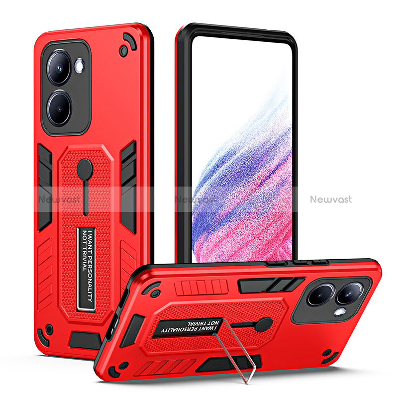 Silicone Matte Finish and Plastic Back Cover Case with Stand H01P for Realme 10 Pro 5G Red