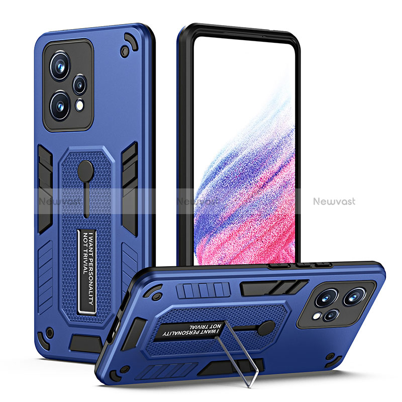 Silicone Matte Finish and Plastic Back Cover Case with Stand H01P for Realme 9 5G Blue