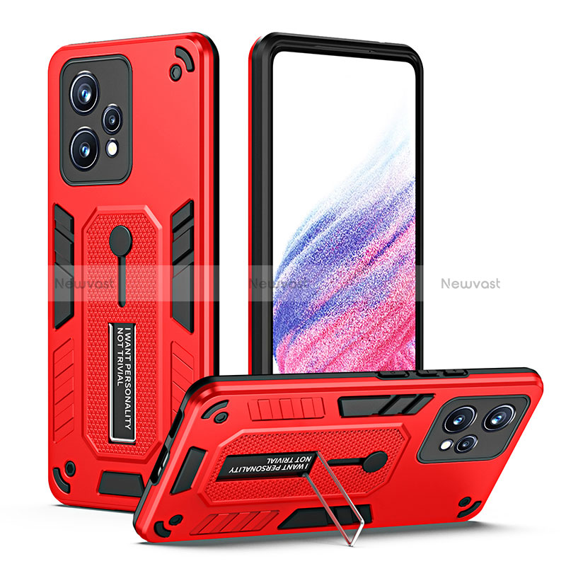 Silicone Matte Finish and Plastic Back Cover Case with Stand H01P for Realme 9 5G Red