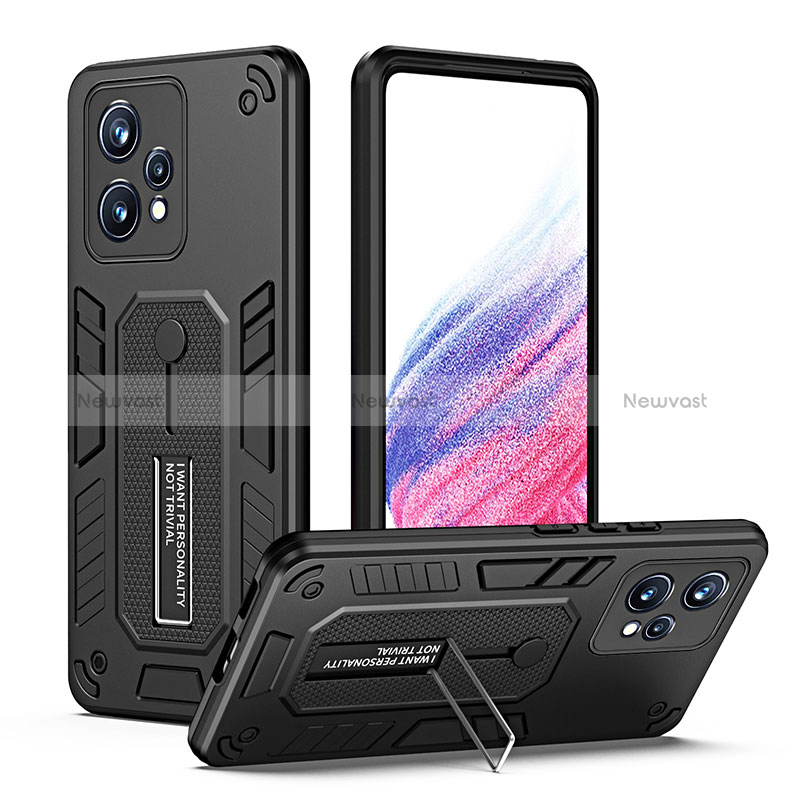 Silicone Matte Finish and Plastic Back Cover Case with Stand H01P for Realme 9 Pro 5G Black