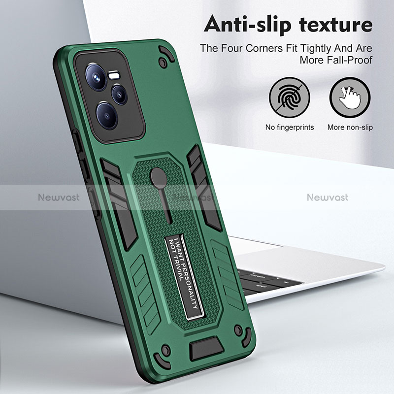 Silicone Matte Finish and Plastic Back Cover Case with Stand H01P for Realme C35