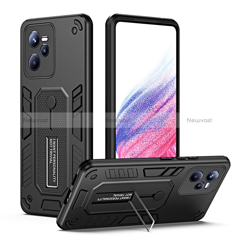 Silicone Matte Finish and Plastic Back Cover Case with Stand H01P for Realme C35 Black