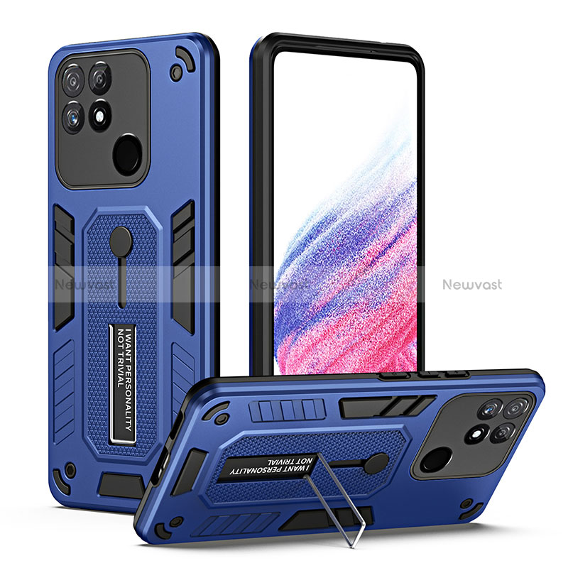 Silicone Matte Finish and Plastic Back Cover Case with Stand H01P for Realme Narzo 50A Blue