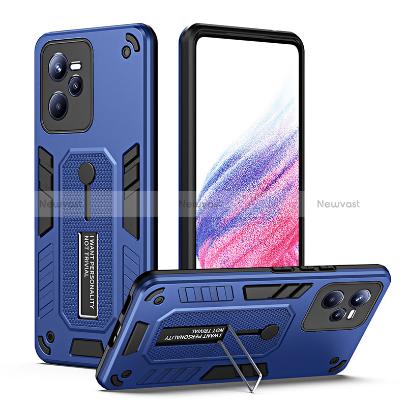 Silicone Matte Finish and Plastic Back Cover Case with Stand H01P for Realme Narzo 50A Prime Blue