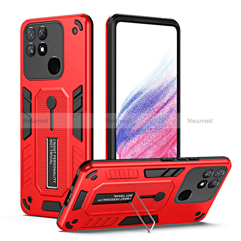 Silicone Matte Finish and Plastic Back Cover Case with Stand H01P for Realme Narzo 50A Red