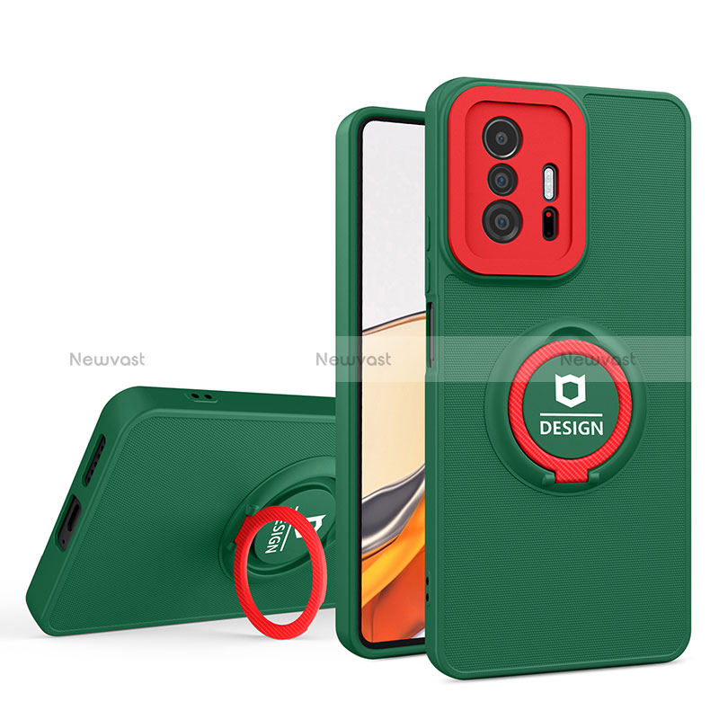 Silicone Matte Finish and Plastic Back Cover Case with Stand H01P for Xiaomi Mi 11T Pro 5G Green