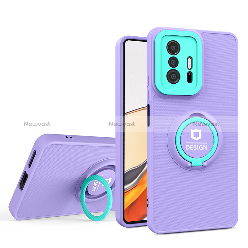 Silicone Matte Finish and Plastic Back Cover Case with Stand H01P for Xiaomi Mi 11T Pro 5G Purple