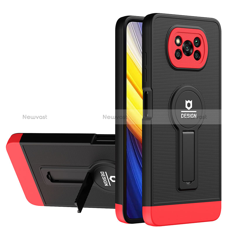 Silicone Matte Finish and Plastic Back Cover Case with Stand H01P for Xiaomi Poco X3 Pro Red and Black