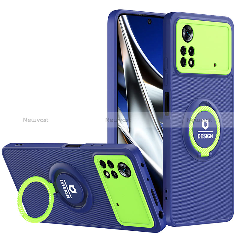 Silicone Matte Finish and Plastic Back Cover Case with Stand H01P for Xiaomi Poco X4 Pro 5G Blue
