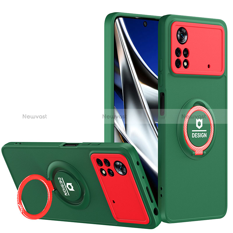 Silicone Matte Finish and Plastic Back Cover Case with Stand H01P for Xiaomi Poco X4 Pro 5G Green