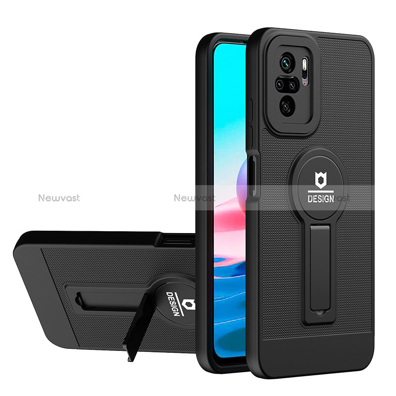 Silicone Matte Finish and Plastic Back Cover Case with Stand H01P for Xiaomi Redmi Note 10 4G Black