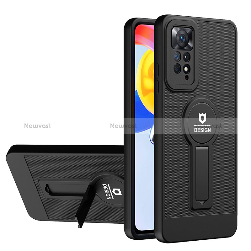 Silicone Matte Finish and Plastic Back Cover Case with Stand H01P for Xiaomi Redmi Note 11 4G (2022) Black