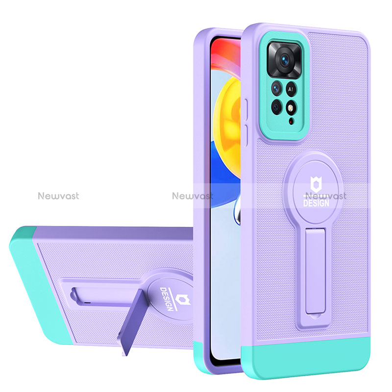 Silicone Matte Finish and Plastic Back Cover Case with Stand H01P for Xiaomi Redmi Note 11 Pro 4G Purple