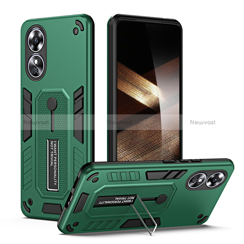 Silicone Matte Finish and Plastic Back Cover Case with Stand H02P for Oppo A17 Green