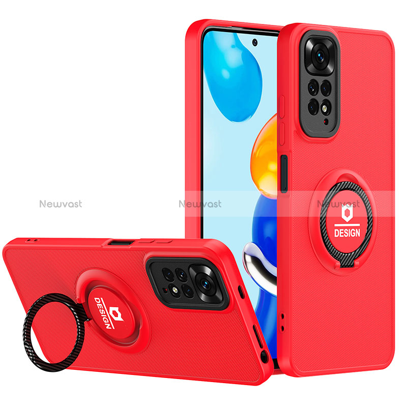 Silicone Matte Finish and Plastic Back Cover Case with Stand H02P for Xiaomi Redmi Note 11 4G (2022) Red