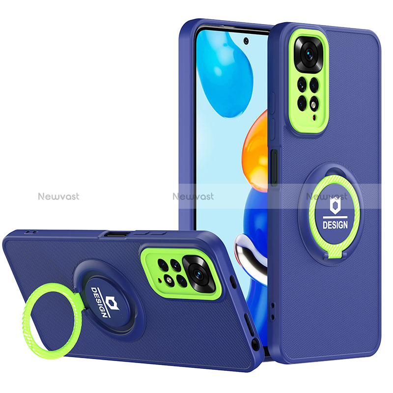 Silicone Matte Finish and Plastic Back Cover Case with Stand H02P for Xiaomi Redmi Note 11S 4G Blue