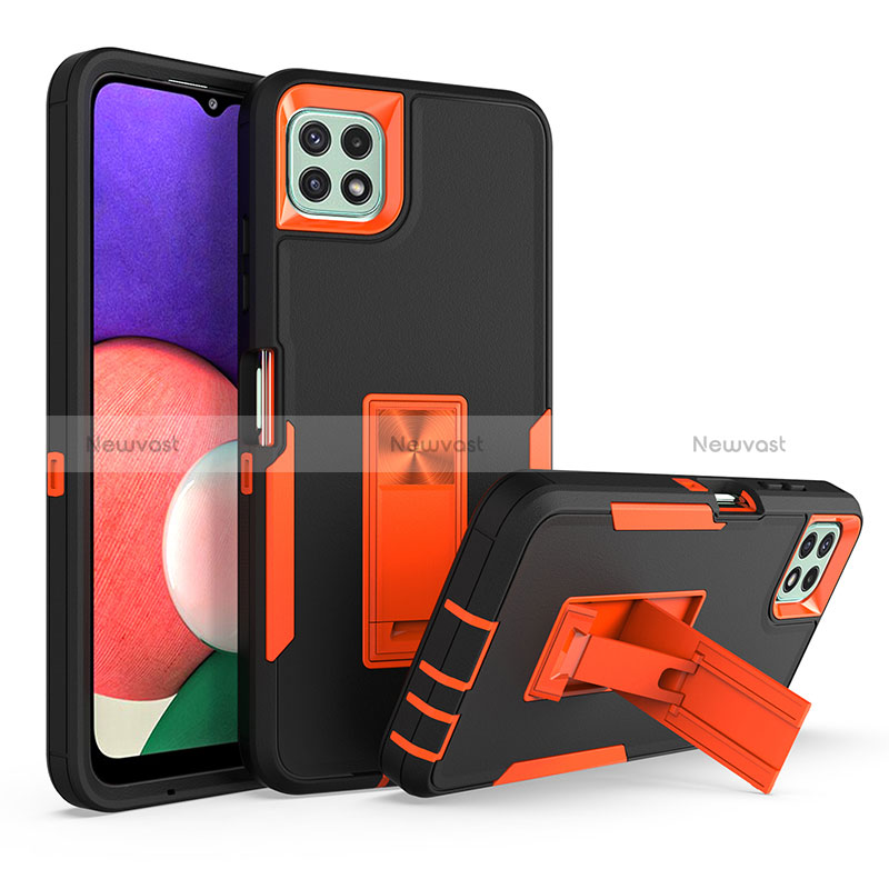 Silicone Matte Finish and Plastic Back Cover Case with Stand J01S for Samsung Galaxy A22s 5G Orange