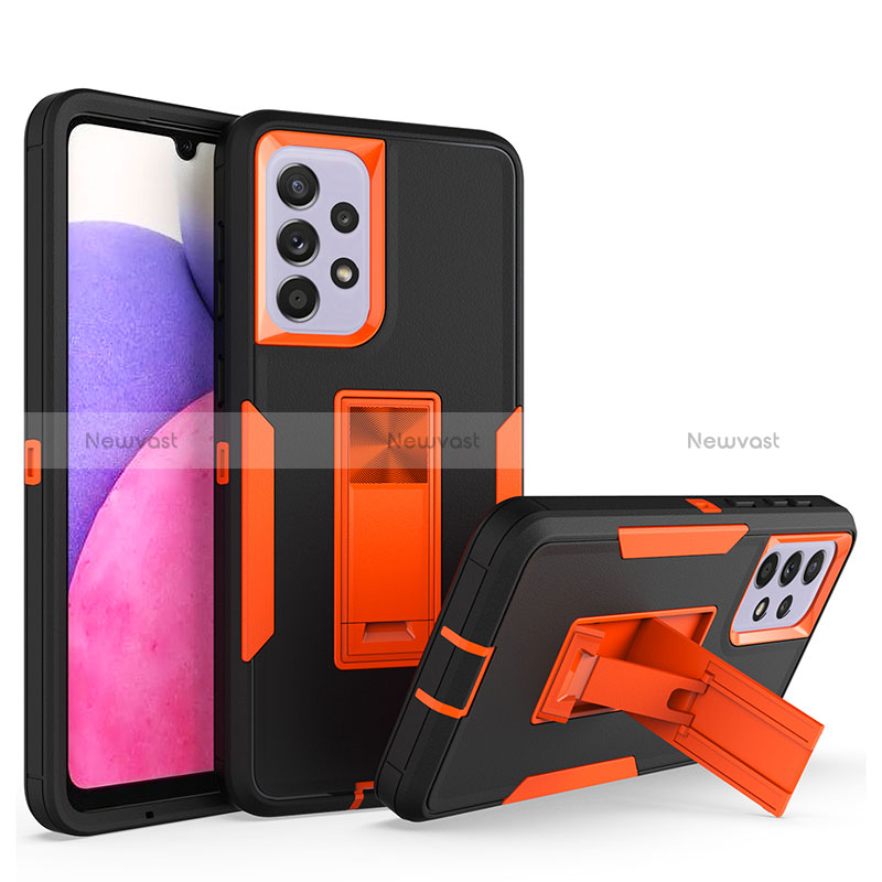 Silicone Matte Finish and Plastic Back Cover Case with Stand J01S for Samsung Galaxy A33 5G Orange