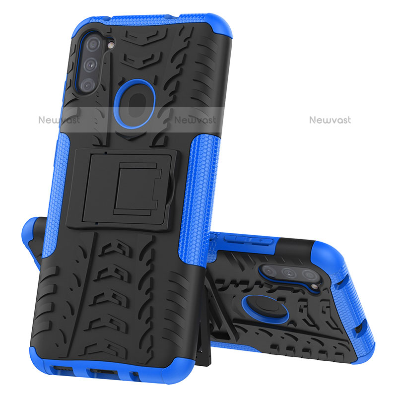 Silicone Matte Finish and Plastic Back Cover Case with Stand J01X for Samsung Galaxy A11 Blue