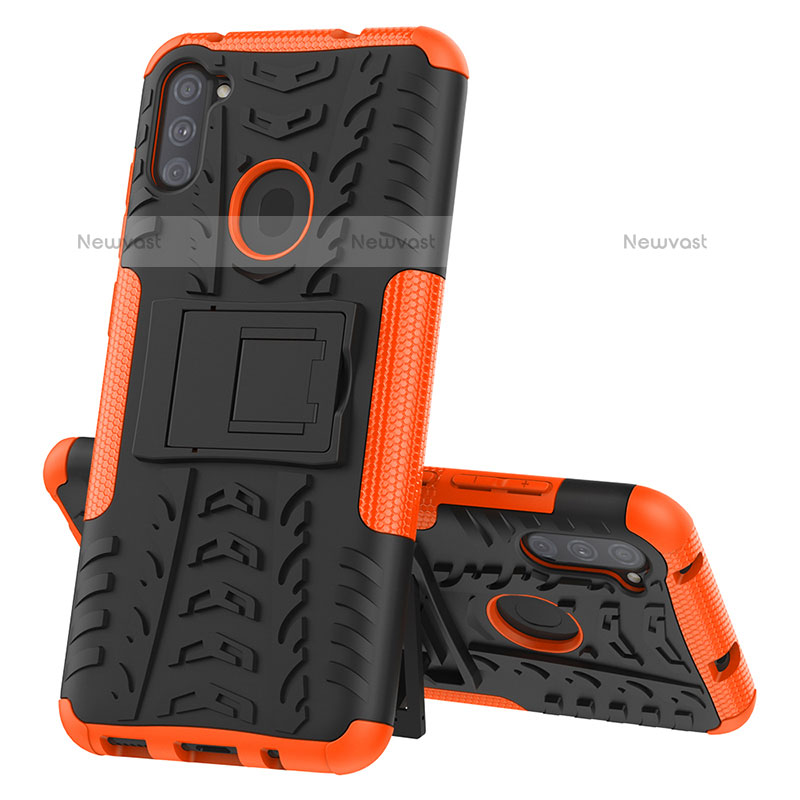 Silicone Matte Finish and Plastic Back Cover Case with Stand J01X for Samsung Galaxy A11 Orange