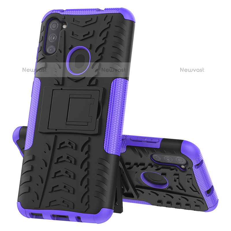 Silicone Matte Finish and Plastic Back Cover Case with Stand J01X for Samsung Galaxy A11 Purple