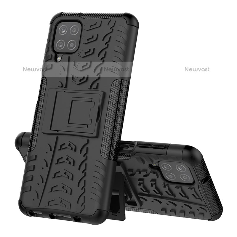 Silicone Matte Finish and Plastic Back Cover Case with Stand J01X for Samsung Galaxy A12 Black