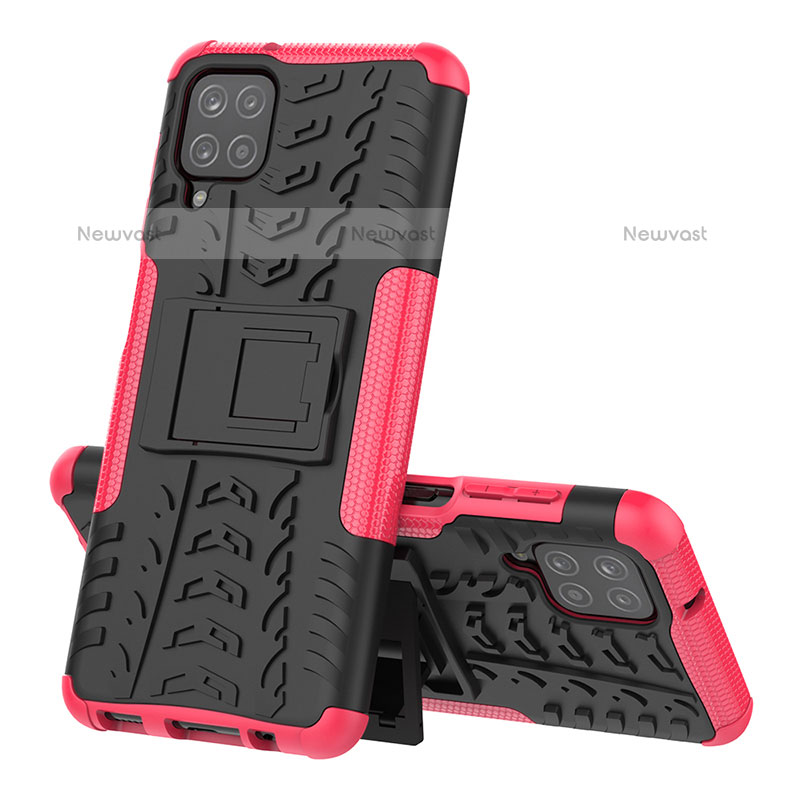 Silicone Matte Finish and Plastic Back Cover Case with Stand J01X for Samsung Galaxy A12 Hot Pink