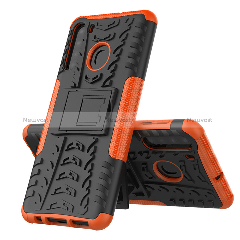 Silicone Matte Finish and Plastic Back Cover Case with Stand J01X for Samsung Galaxy A21 Orange