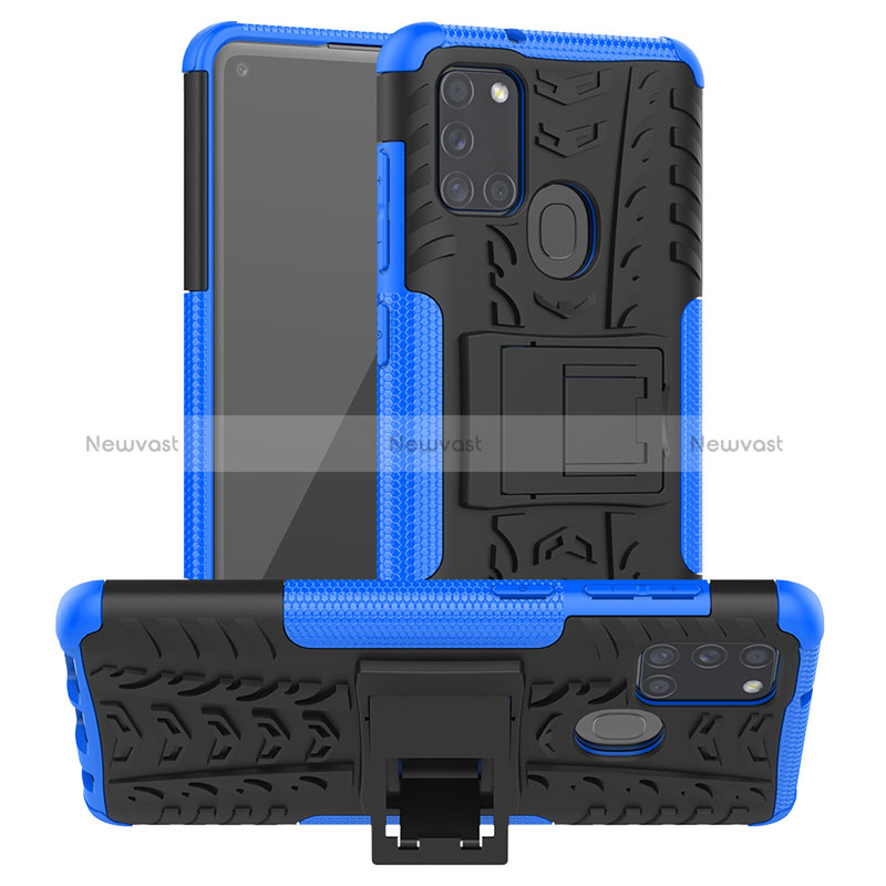 Silicone Matte Finish and Plastic Back Cover Case with Stand J01X for Samsung Galaxy A21s Blue