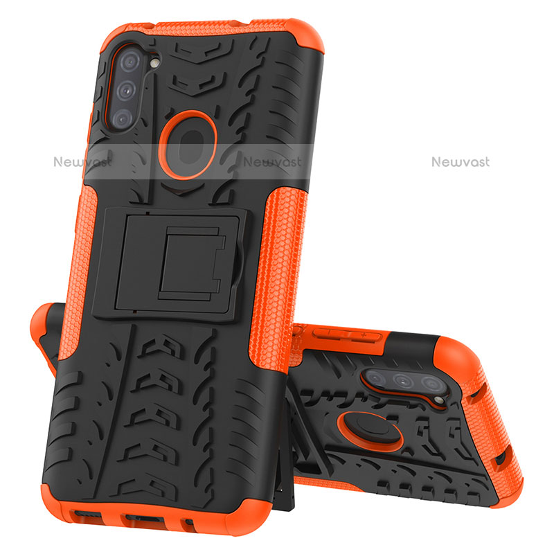 Silicone Matte Finish and Plastic Back Cover Case with Stand J01X for Samsung Galaxy M11 Orange