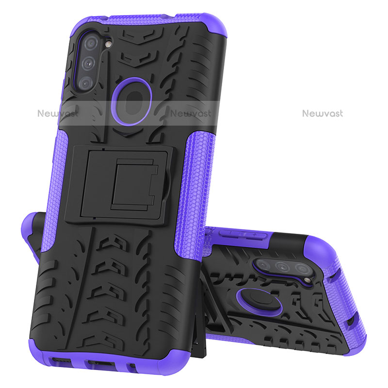 Silicone Matte Finish and Plastic Back Cover Case with Stand J01X for Samsung Galaxy M11 Purple