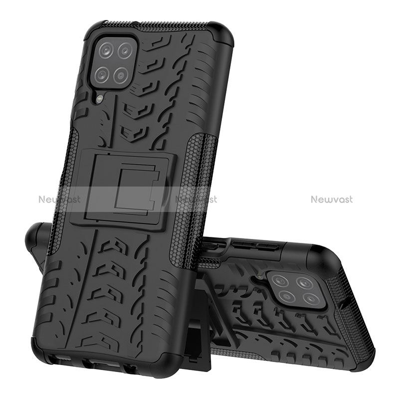 Silicone Matte Finish and Plastic Back Cover Case with Stand J01X for Samsung Galaxy M12 Black