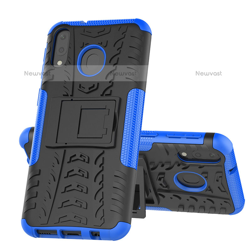 Silicone Matte Finish and Plastic Back Cover Case with Stand J01X for Samsung Galaxy M20 Blue