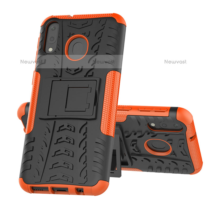 Silicone Matte Finish and Plastic Back Cover Case with Stand J01X for Samsung Galaxy M20 Orange