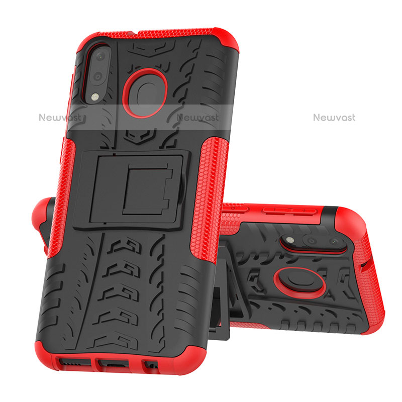 Silicone Matte Finish and Plastic Back Cover Case with Stand J01X for Samsung Galaxy M20 Red