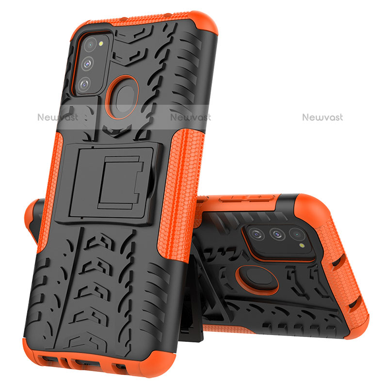 Silicone Matte Finish and Plastic Back Cover Case with Stand J01X for Samsung Galaxy M21 Orange