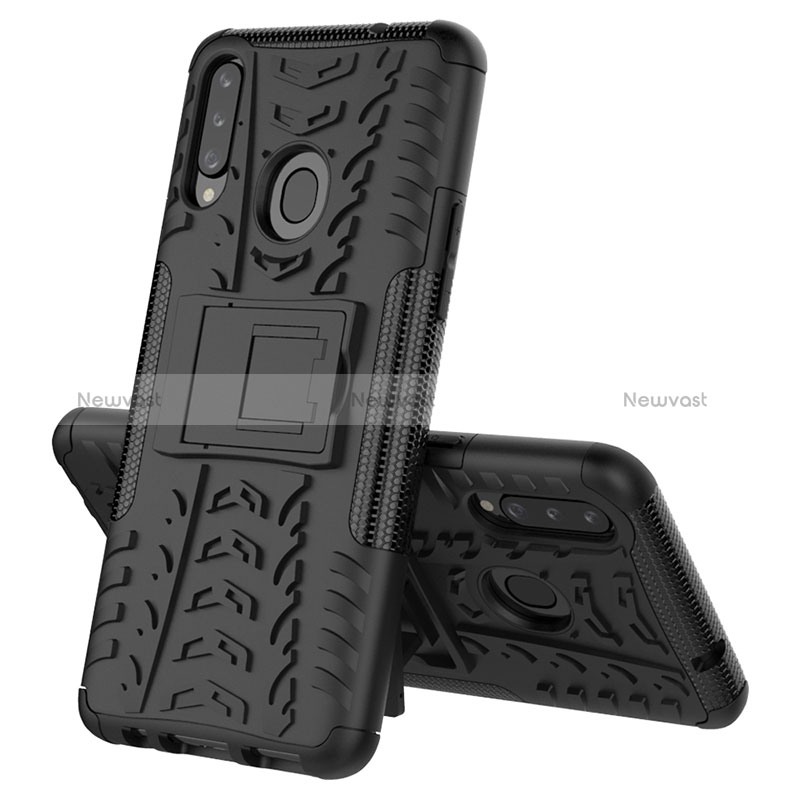 Silicone Matte Finish and Plastic Back Cover Case with Stand J02X for Samsung Galaxy A20s Black