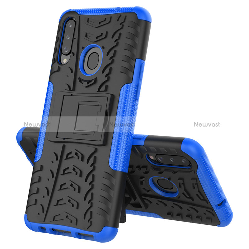 Silicone Matte Finish and Plastic Back Cover Case with Stand J02X for Samsung Galaxy A20s Blue