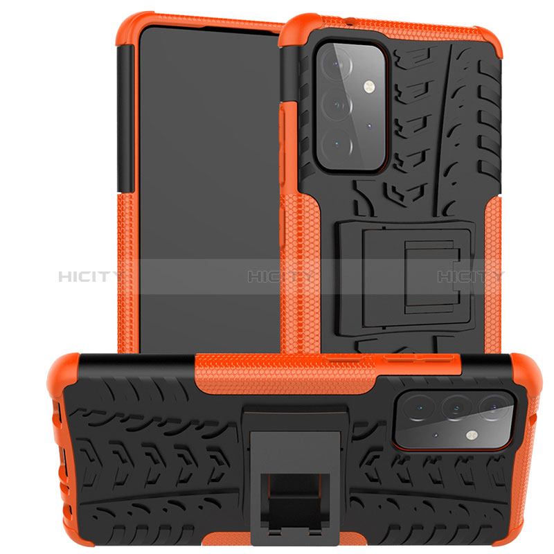 Silicone Matte Finish and Plastic Back Cover Case with Stand J02X for Samsung Galaxy A72 4G Orange