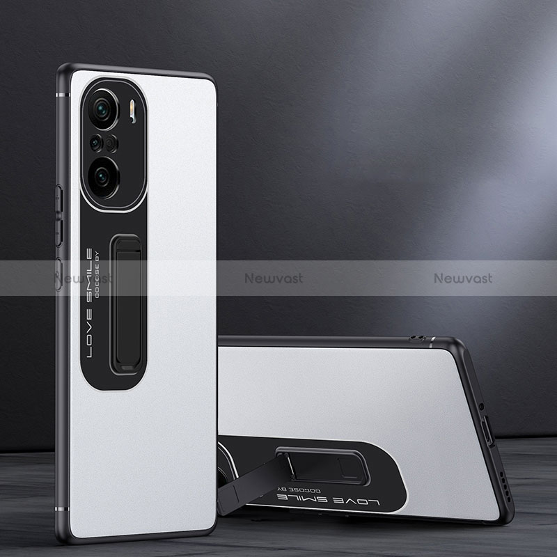 Silicone Matte Finish and Plastic Back Cover Case with Stand JB1 for Xiaomi Redmi K40 Pro+ Plus 5G White