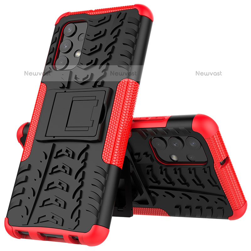 Silicone Matte Finish and Plastic Back Cover Case with Stand JX01 for Samsung Galaxy M32 5G Red