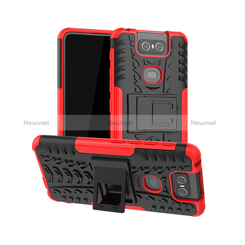 Silicone Matte Finish and Plastic Back Cover Case with Stand JX1 for Asus Zenfone 6 ZS630KL Red