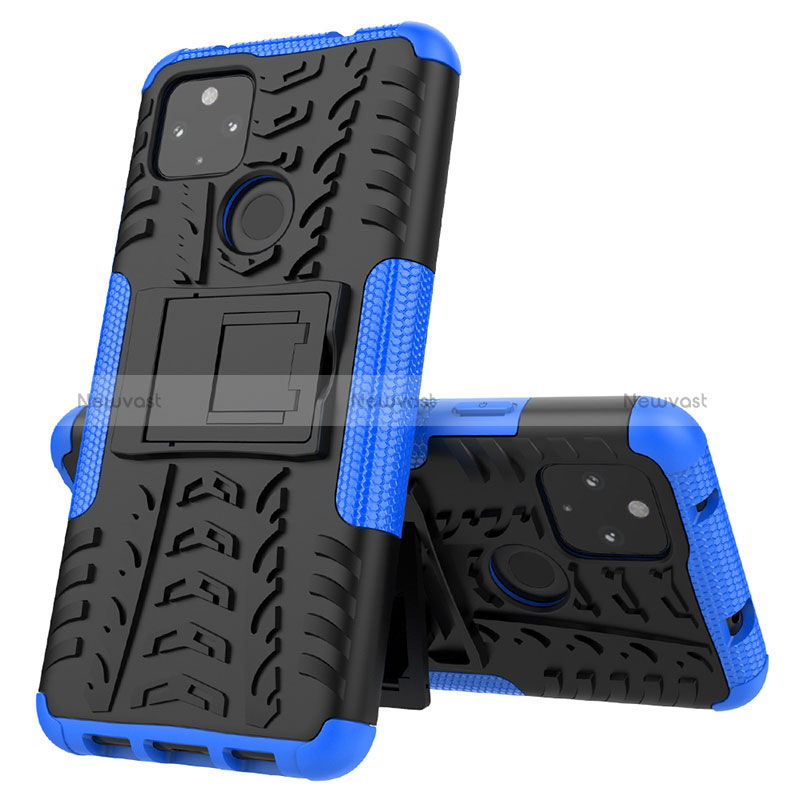 Silicone Matte Finish and Plastic Back Cover Case with Stand JX1 for Google Pixel 4a 5G Blue