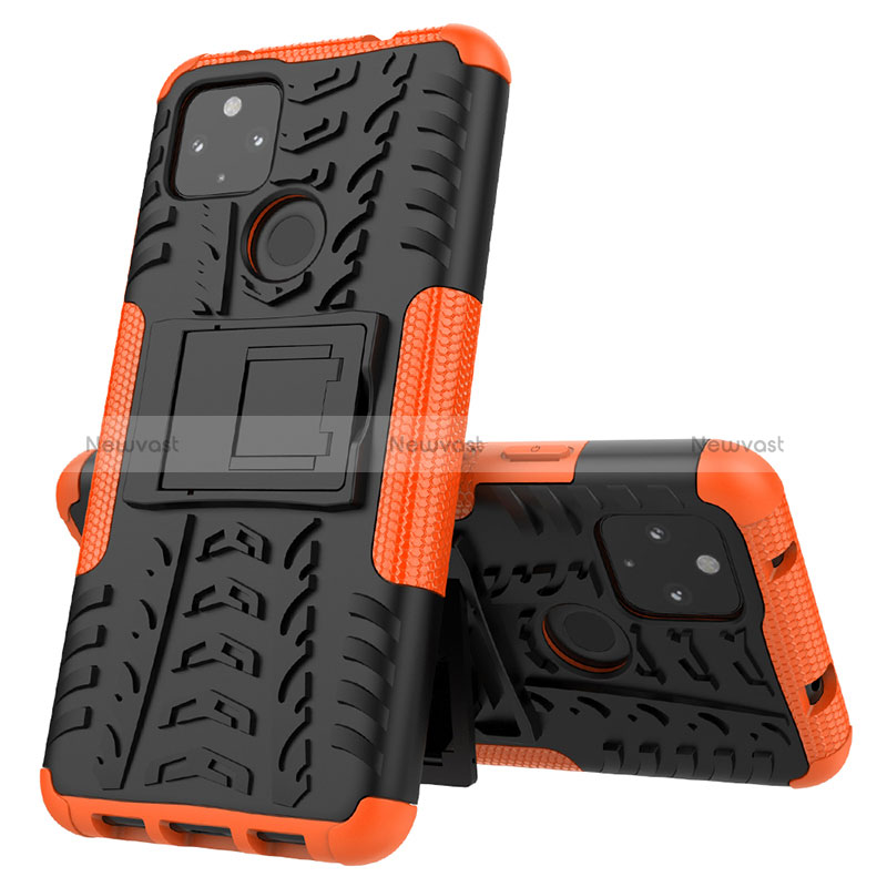 Silicone Matte Finish and Plastic Back Cover Case with Stand JX1 for Google Pixel 4a 5G Orange