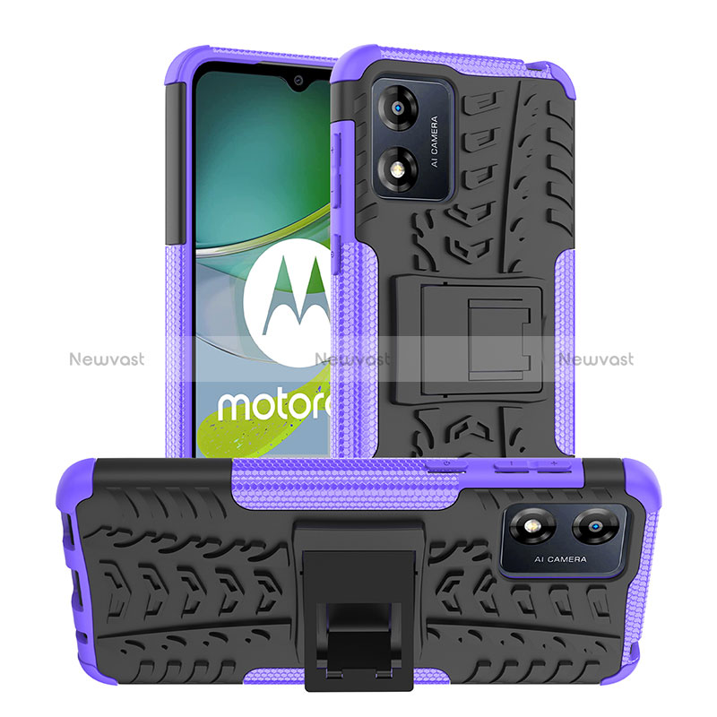 Silicone Matte Finish and Plastic Back Cover Case with Stand JX1 for Motorola Moto E13 Purple