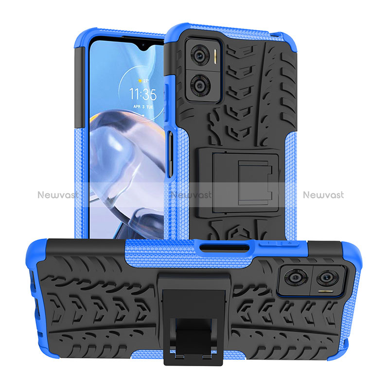 Silicone Matte Finish and Plastic Back Cover Case with Stand JX1 for Motorola Moto E22 Blue