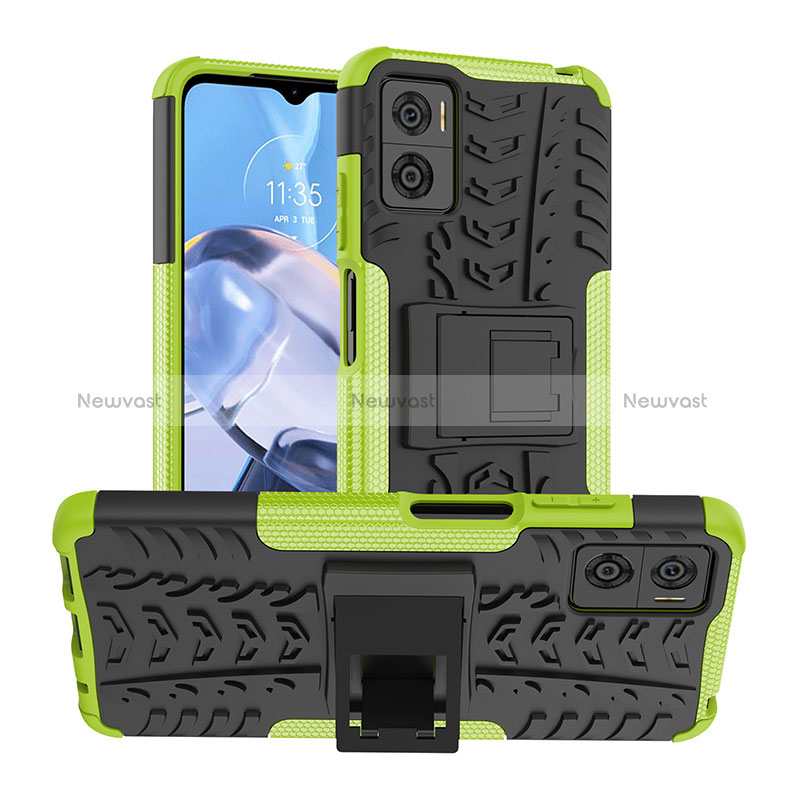 Silicone Matte Finish and Plastic Back Cover Case with Stand JX1 for Motorola Moto E22 Green