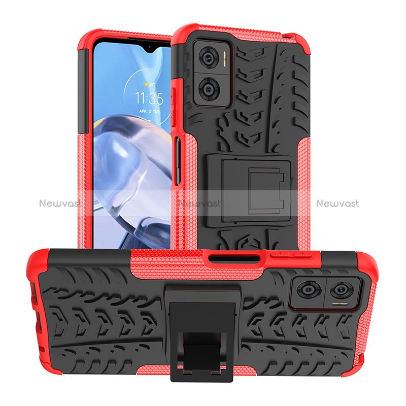 Silicone Matte Finish and Plastic Back Cover Case with Stand JX1 for Motorola Moto E22 Red