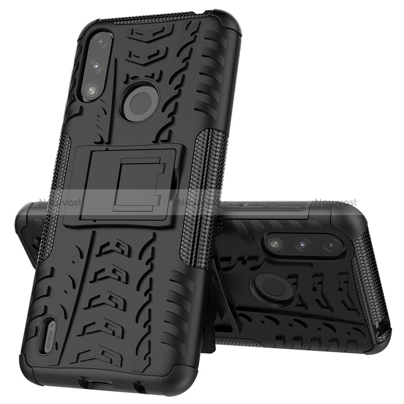 Silicone Matte Finish and Plastic Back Cover Case with Stand JX1 for Motorola Moto E7 Power Black